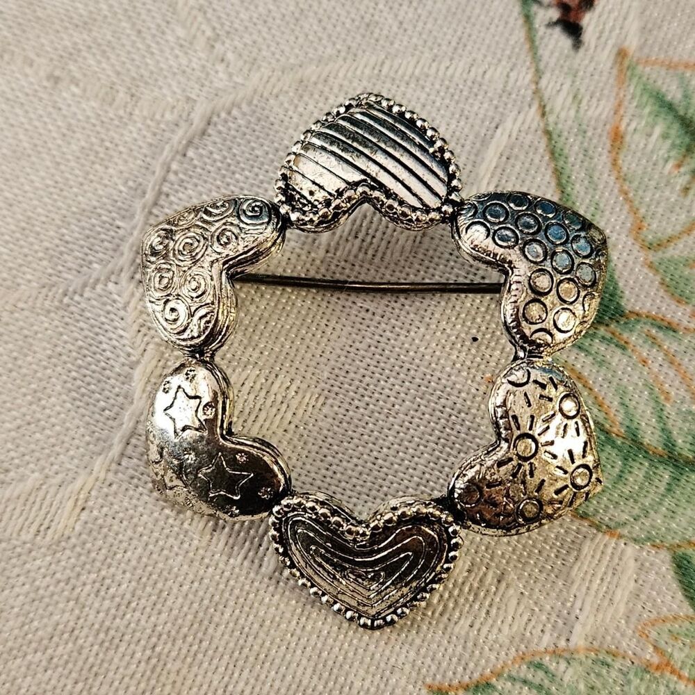 vintage cottagecore coquette heart silver tone brooch